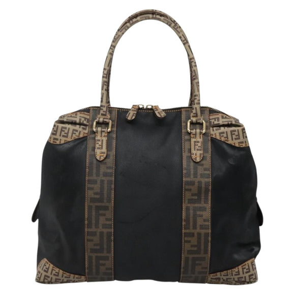 FENDI Zucchino Hand Bag Coated Canvas PVC Black Gold Auth bs28910