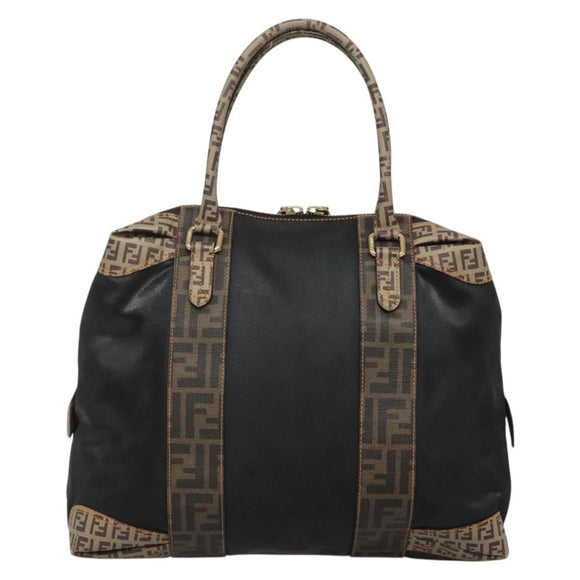FENDI Zucchino Hand Bag Coated Canvas PVC Black Gold Auth bs28910