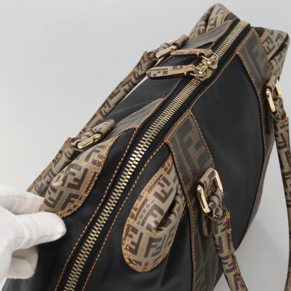 FENDI Zucchino Hand Bag Coated Canvas PVC Black Gold Auth bs28910