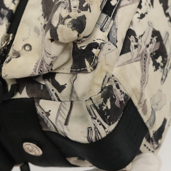 CHANEL Shoulder Bag Canvas White Black Silver CC Auth bs28912