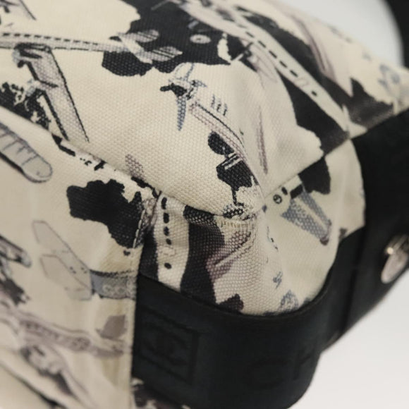 CHANEL Shoulder Bag Canvas White Black Silver CC Auth bs28912