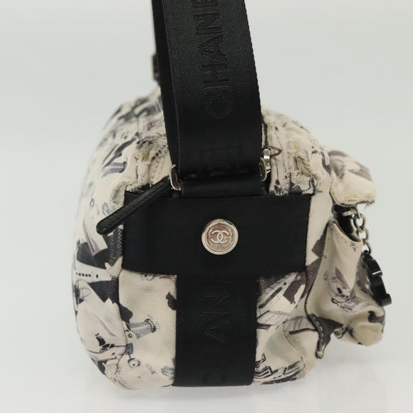 CHANEL Shoulder Bag Canvas White Black Silver CC Auth bs28912