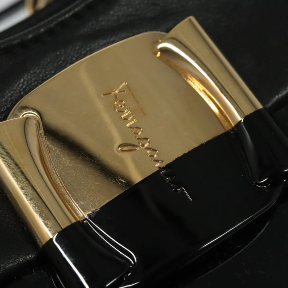 Salvatore Ferragamo Vala Hand Bag Enamel 2way Black Gold Auth bs28916