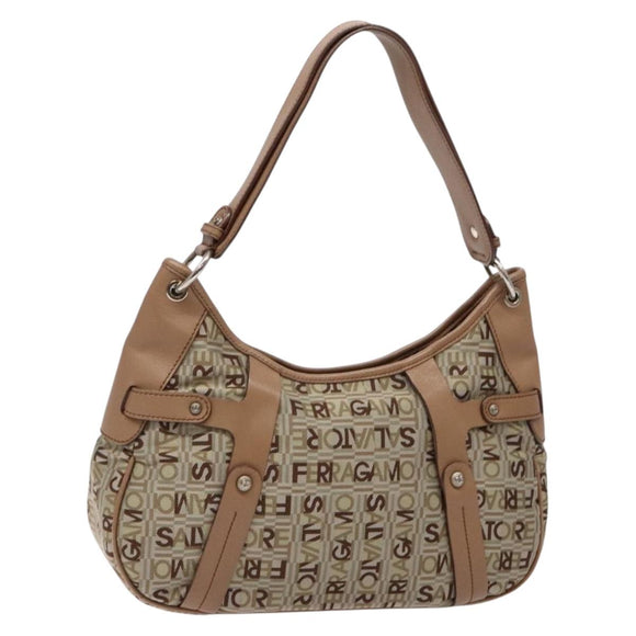 Salvatore Ferragamo Shoulder Bag Canvas Leather Beige Silver Auth bs28919