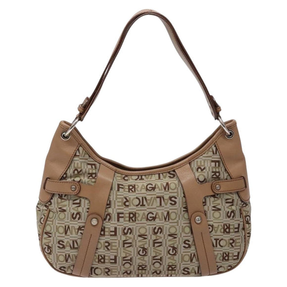 Salvatore Ferragamo Shoulder Bag Canvas Leather Beige Silver Auth bs28919