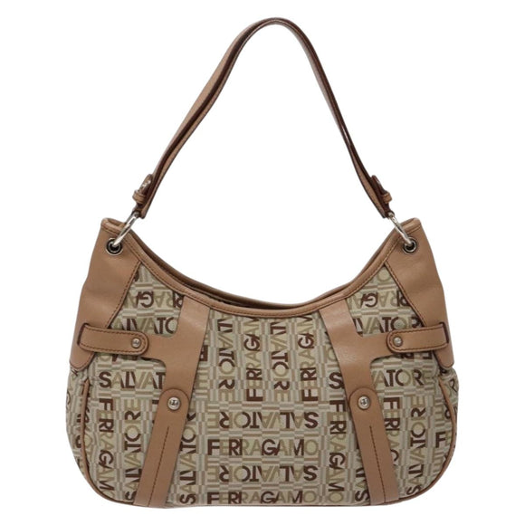 Salvatore Ferragamo Shoulder Bag Canvas Leather Beige Silver Auth bs28919