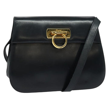 Salvatore Ferragamo Gancini Shoulder Bag Leather Navy Gold Auth bs28922