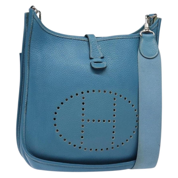 HERMES Evelyn PM Bag Taurillon Clemence Leather Blue Silver Auth bs28926
