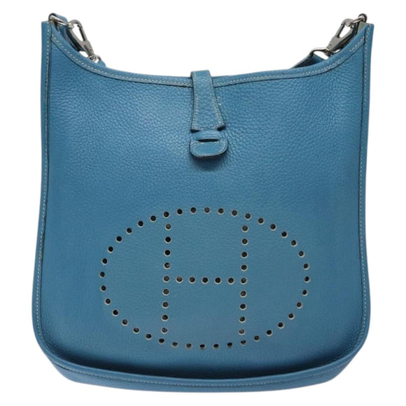 HERMES Evelyn PM Bag Taurillon Clemence Leather Blue Silver Auth bs28926