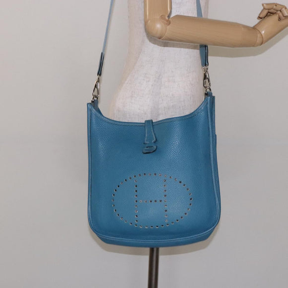 HERMES Evelyn PM Bag Taurillon Clemence Leather Blue Silver Auth bs28926
