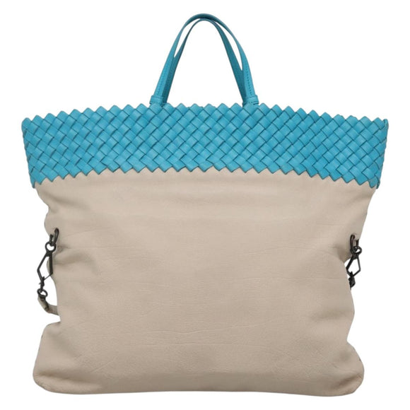 BOTTEGA VENETA INTRECCIATO Hand Bag Leather 2way Beige Light Blue Auth bs28931