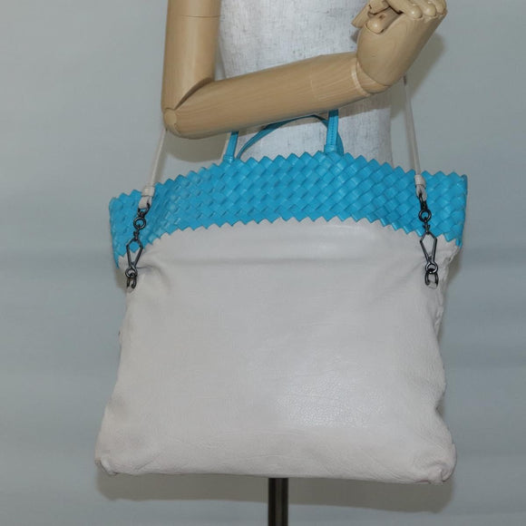 BOTTEGA VENETA INTRECCIATO Hand Bag Leather 2way Beige Light Blue Auth bs28931