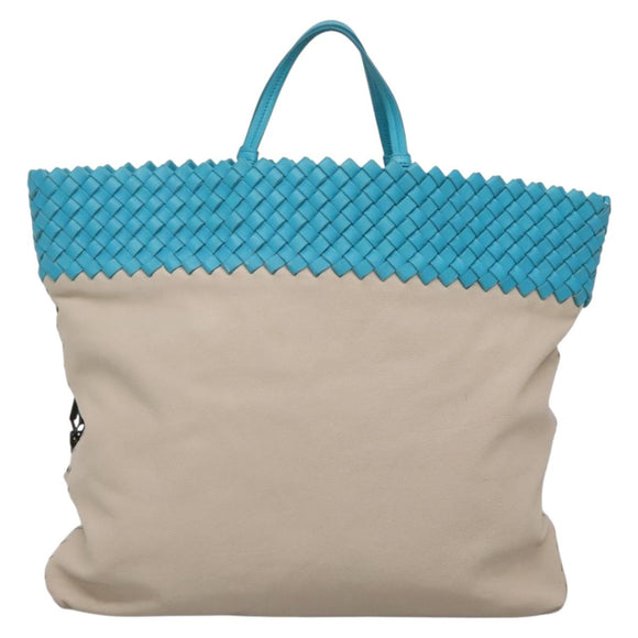 BOTTEGA VENETA INTRECCIATO Hand Bag Leather 2way Beige Light Blue Auth bs28931
