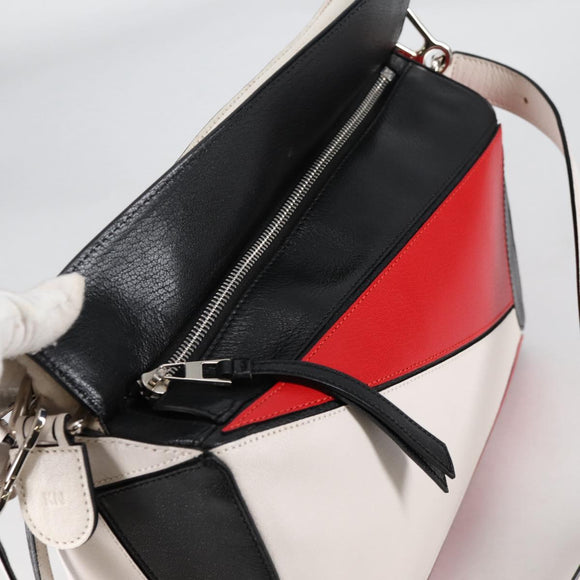 LOEWE Puzzle Hand Bag Leather 2way White Silver Auth bs28945
