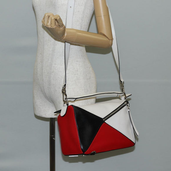 LOEWE Puzzle Hand Bag Leather 2way White Silver Auth bs28945