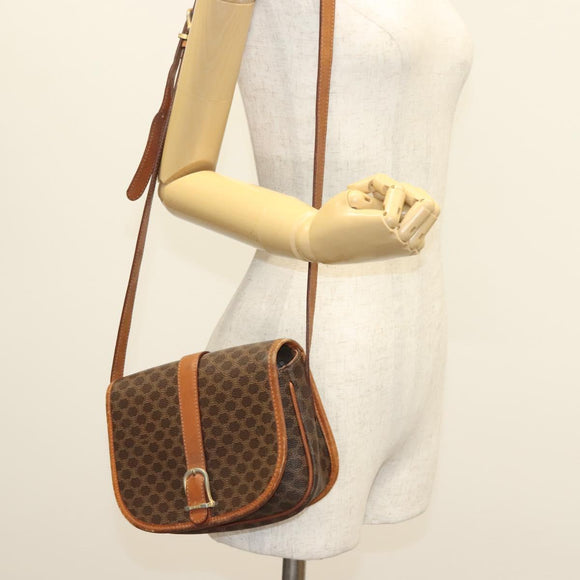 CELINE Macadam Canvas Shoulder Bag PVC Leather Brown Gold Auth bs28948