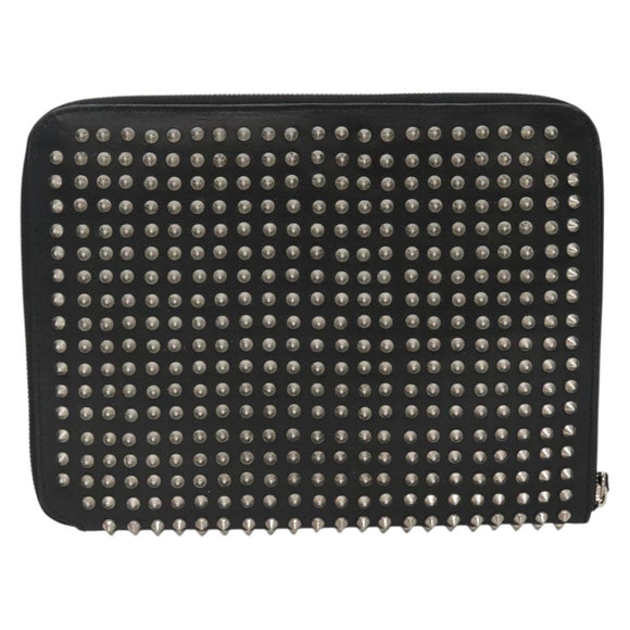 Christian Louboutin Studs Clutch Bag Leather Black Silver Auth bs28961