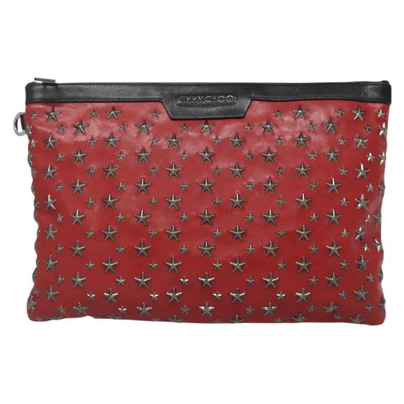 Jimmy Choo Studs Clutch Bag Leather Red Black Auth bs28965