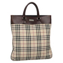 BURBERRY Nova Check Hand Bag Nylon Leather Beige Silver Auth bs28982-1