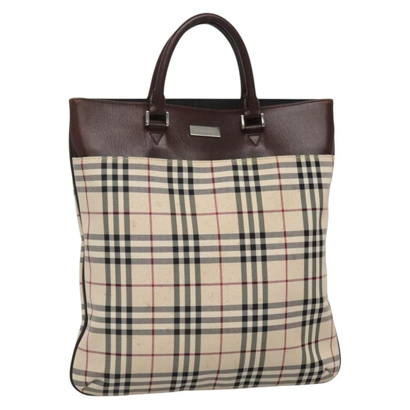 BURBERRY Nova Check Hand Bag Nylon Leather Beige Silver Auth bs28982