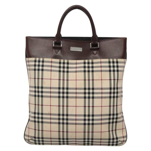 BURBERRY Nova Check Hand Bag Nylon Leather Beige Silver Auth bs28982