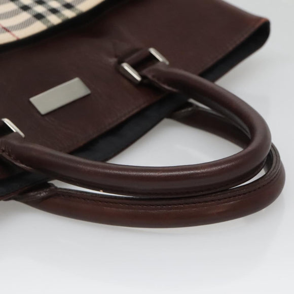 BURBERRY Nova Check Hand Bag Nylon Leather Beige Silver Auth bs28982