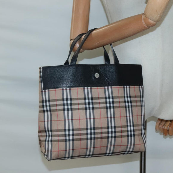 BURBERRY Nova Check Hand Bag Nylon Leather Beige Silver Auth bs28988