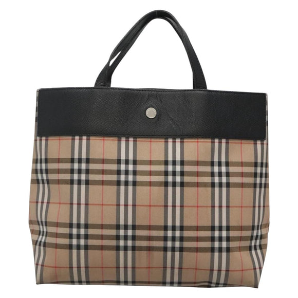 BURBERRY Nova Check Hand Bag Nylon Leather Beige Silver Auth bs28988