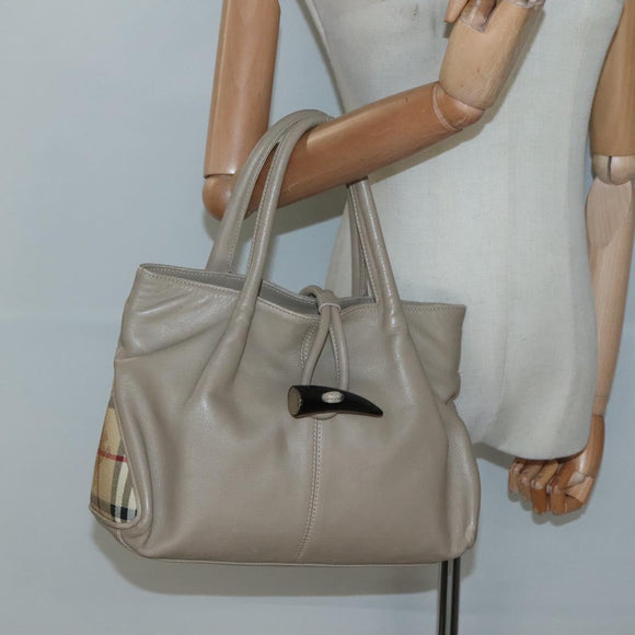 BURBERRY Hand Bag Leather Beige Silver Auth bs28991