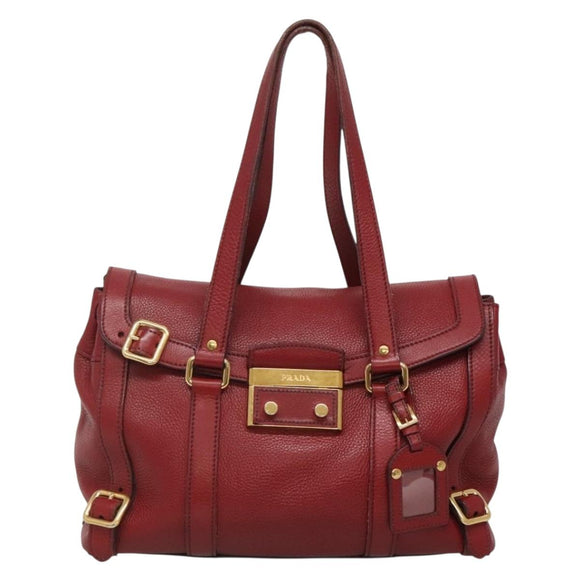 PRADA Tote Bag Leather Red Gold Auth bs29048