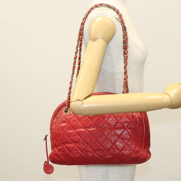 CHANEL Matelasse Chain Shoulder Bag Lamb Skin Red Gold CC Auth bs29076