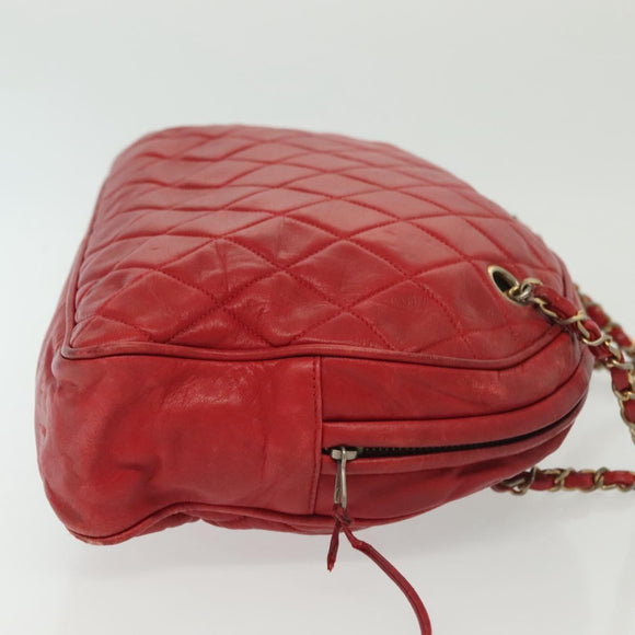CHANEL Matelasse Chain Shoulder Bag Lamb Skin Red Gold CC Auth bs29076