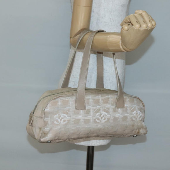 CHANEL New Travel Line Hand Bag Nylon Beige Silver CC Auth bs29078