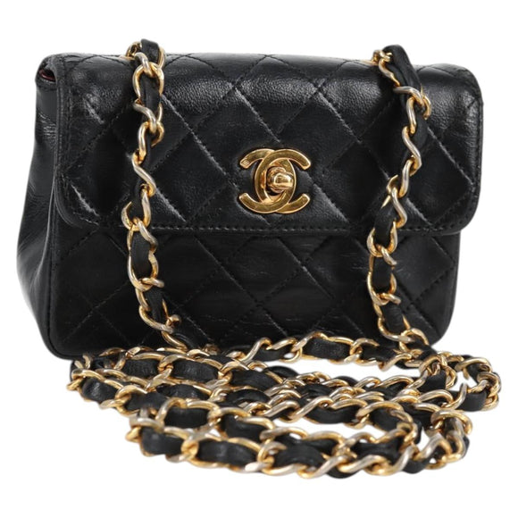 CHANEL Matelasse Chain Shoulder Bag Lamb Skin Black Gold CC Auth bs29080