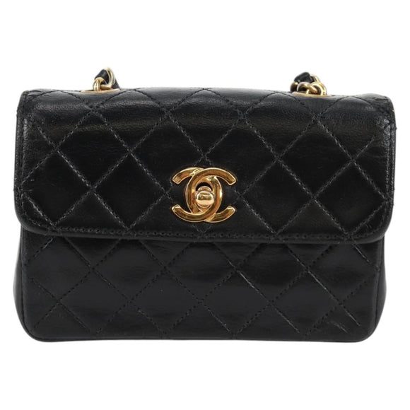 CHANEL Matelasse Chain Shoulder Bag Lamb Skin Black Gold CC Auth bs29080