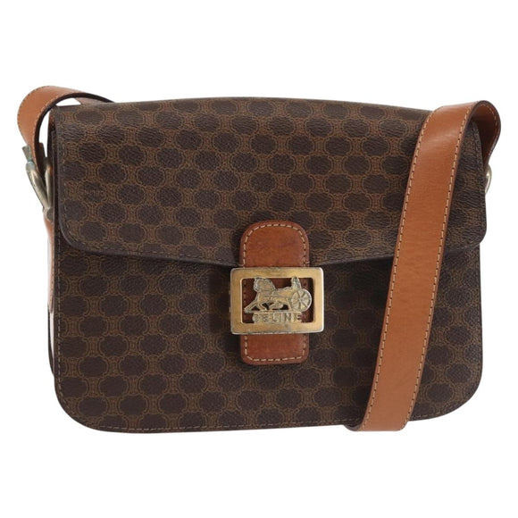 CELINE Macadam Canvas Shoulder Bag PVC Leather Brown Gold Auth bs29090