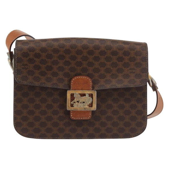 CELINE Macadam Canvas Shoulder Bag PVC Leather Brown Gold Auth bs29090