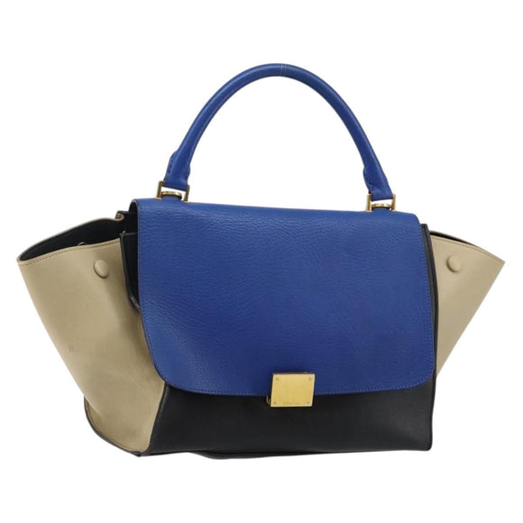CELINE Trapeze Small Hand Bag Leather 2way Blue Gold Auth bs29092