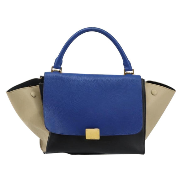 CELINE Trapeze Small Hand Bag Leather 2way Blue Gold Auth bs29092