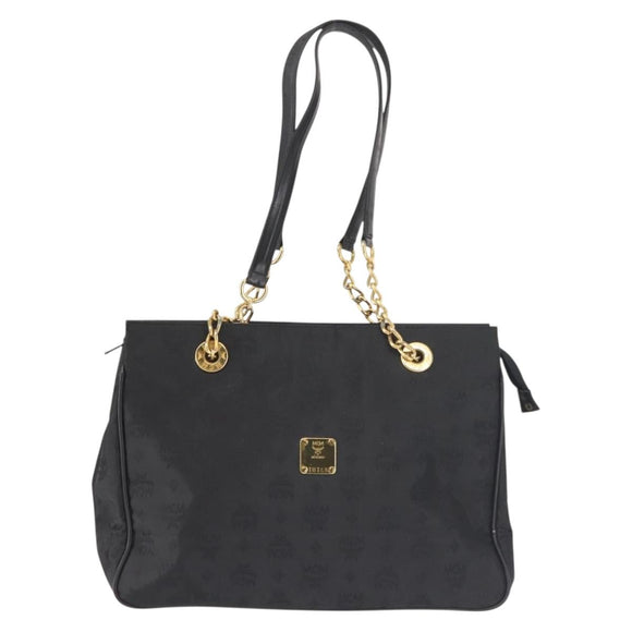 MCM Logogram Vicetos Chain Tote Bag PVC Black Gold Auth bs29106