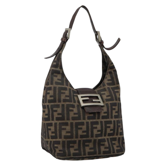 FENDI Zucca Canvas Mamma Baguette Shoulder Bag Black Brown Auth bs29108