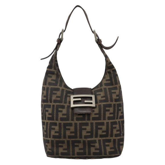 FENDI Zucca Canvas Mamma Baguette Shoulder Bag Black Brown Auth bs29108