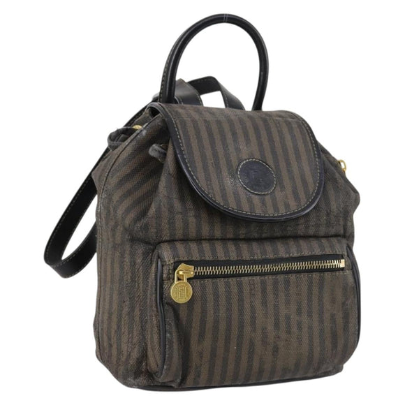 FENDI Pecan Canvas Backpack Brown Black gold Auth bs29110