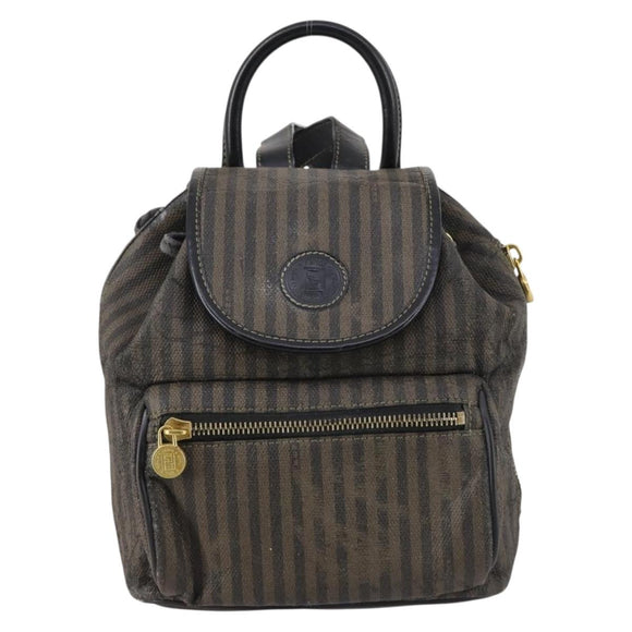 FENDI Pecan Canvas Backpack Brown Black gold Auth bs29110