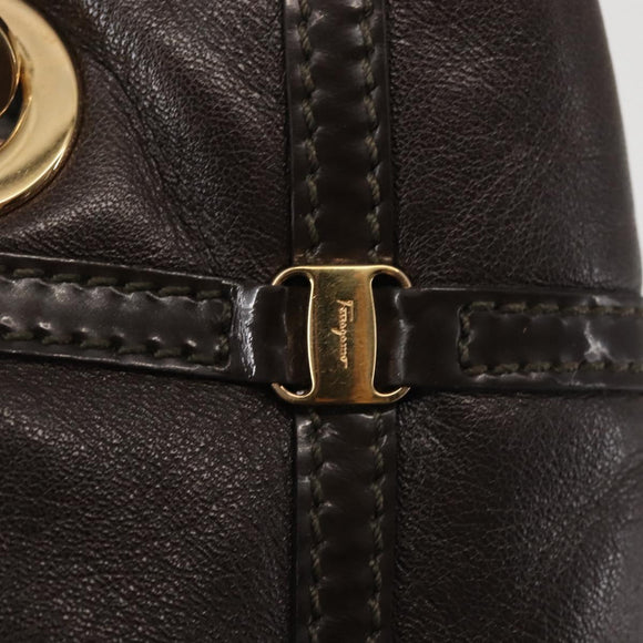 Salvatore Ferragamo Chain Vala Shoulder Bag Leather Brown Gold Auth bs29113