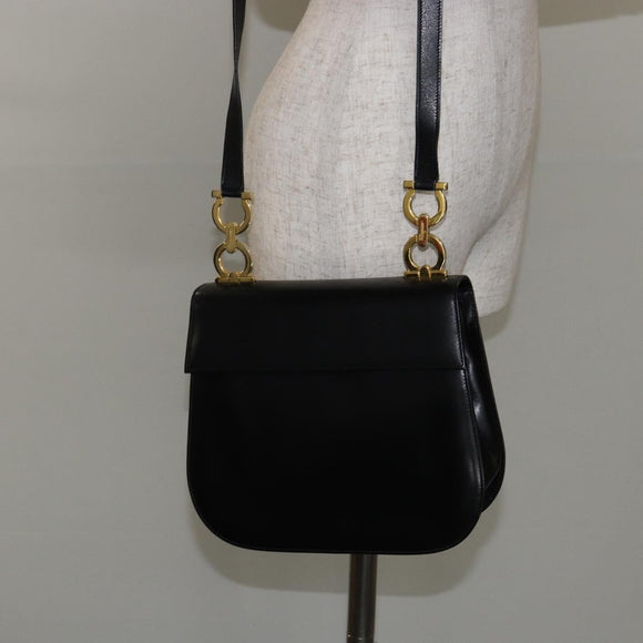 Salvatore Ferragamo Gancini Shoulder Bag Leather Black Gold Auth bs29116