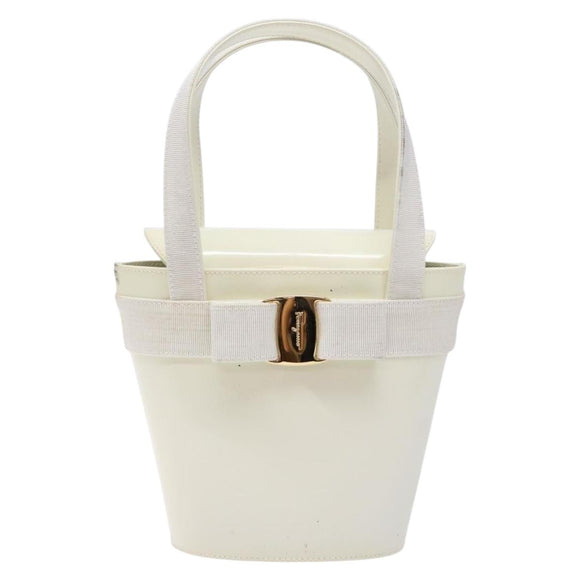 Salvatore Ferragamo Vala Hand Bag Enamel White Gold Auth bs29118