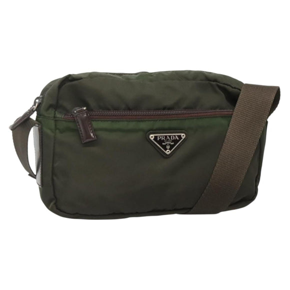 PRADA Shoulder Bag Nylon Khaki Silver Auth bs29203