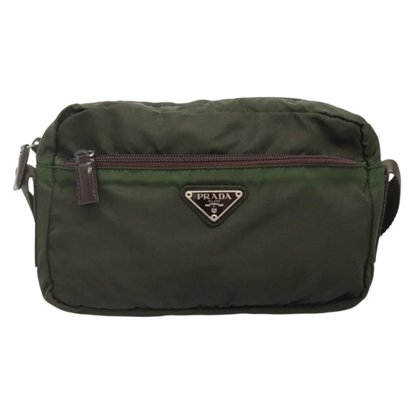 PRADA Shoulder Bag Nylon Khaki Silver Auth bs29203