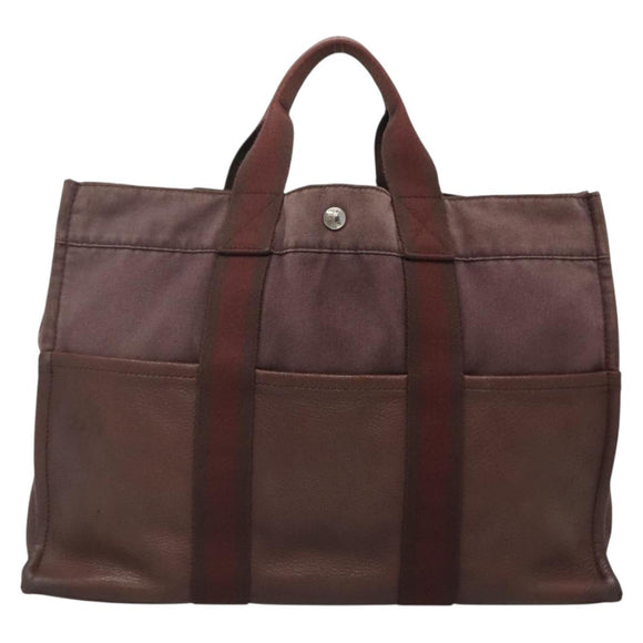 HERMES Fourre Tout MM Hand Bag Canvas Leather Brown Silver Auth bs29205